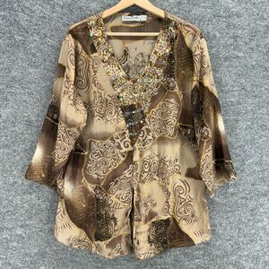 Erica Brooke Blouse Women 20 Plus Brown Geometric V-Neck Rhinestone 3/4 Sleeve